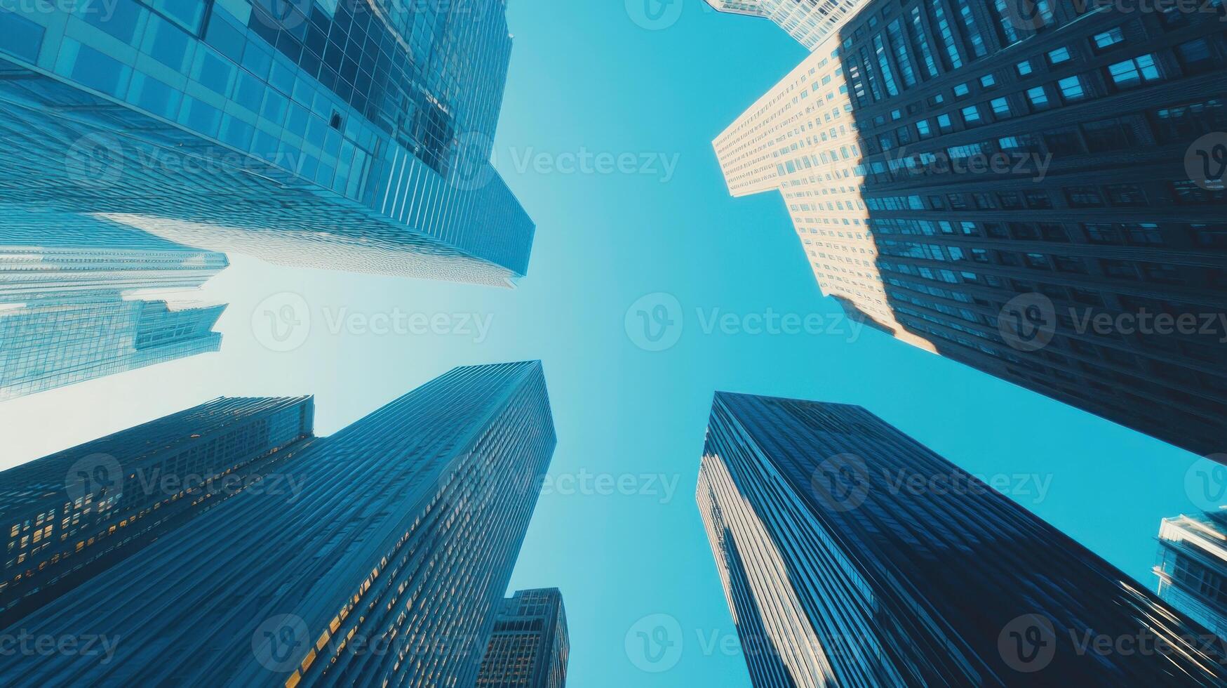 A low-angle view of towering skyscrapers against a clear blue sky. photo