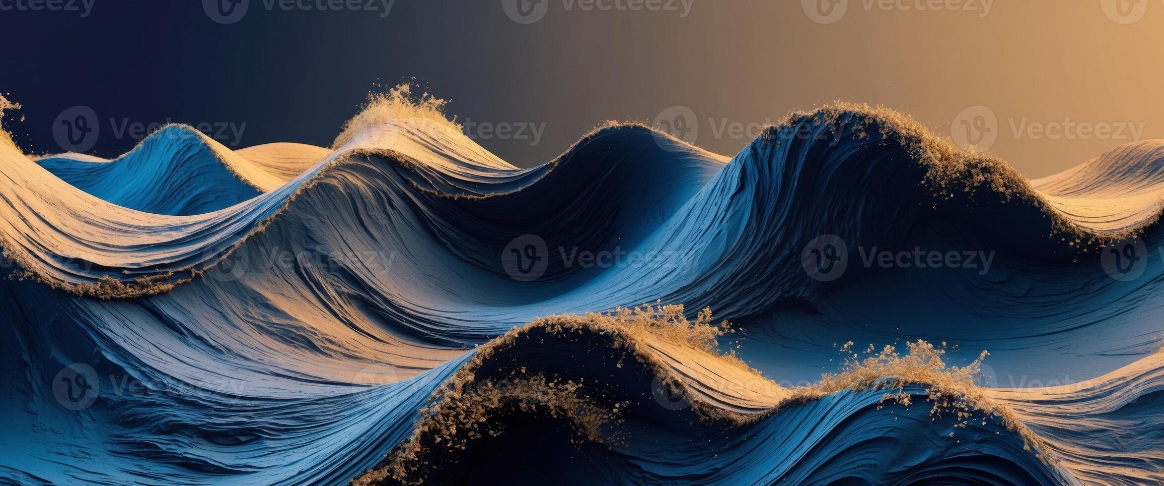 Abstract grunge textured waves in blue and gold background. photo