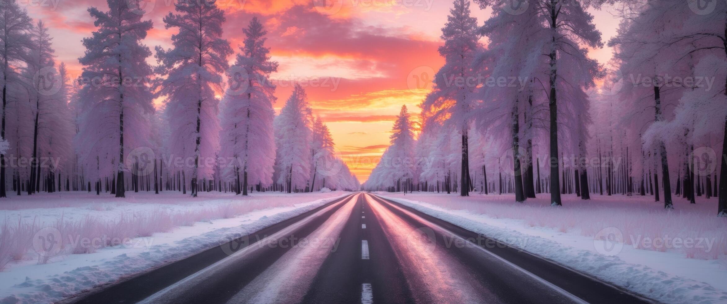 Empty infrared asphalt road leading through snowy trees at sunset photo