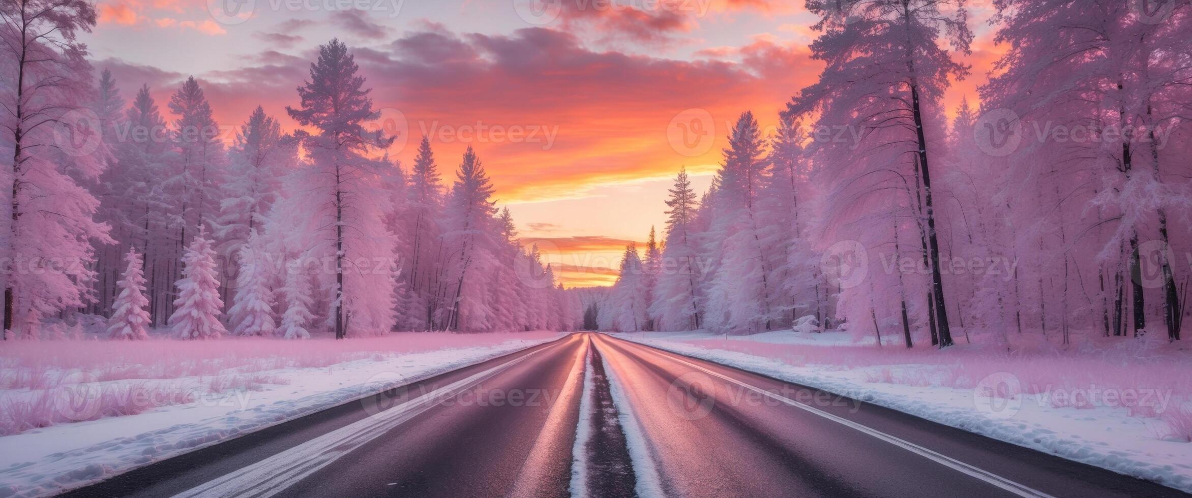 Empty infrared asphalt road leading through snowy trees at sunset. photo