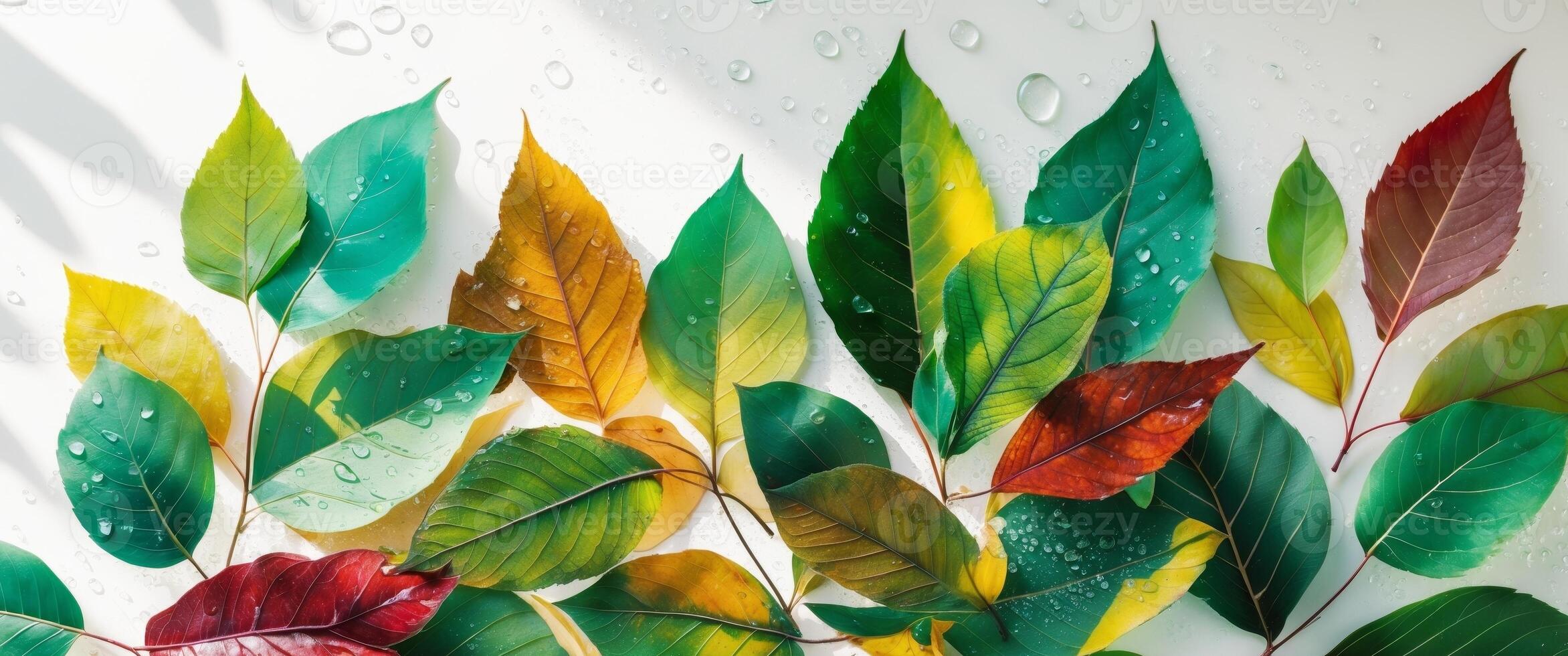 Collage of colorful leaves and drops showing nature beauty. photo