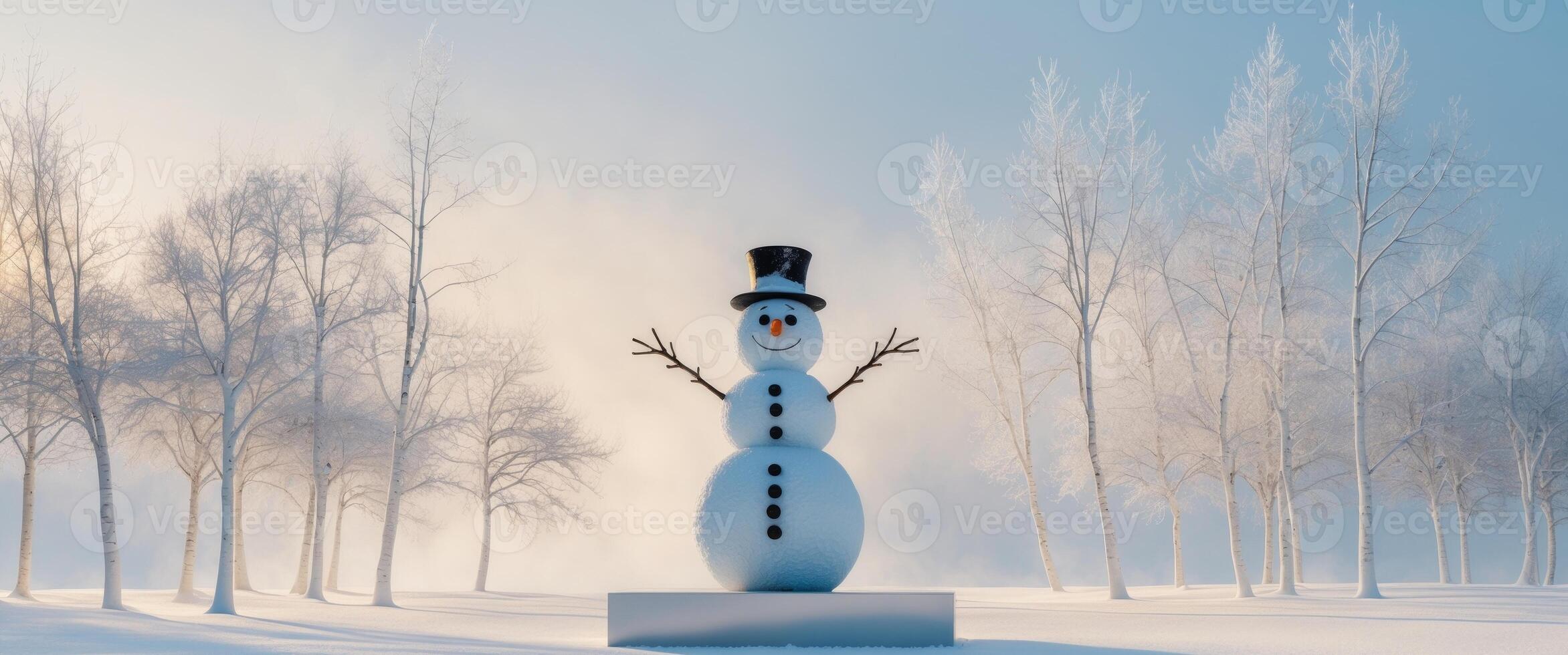Frosty podium surrounded by snowy trees with a winter wonderland vibe. photo