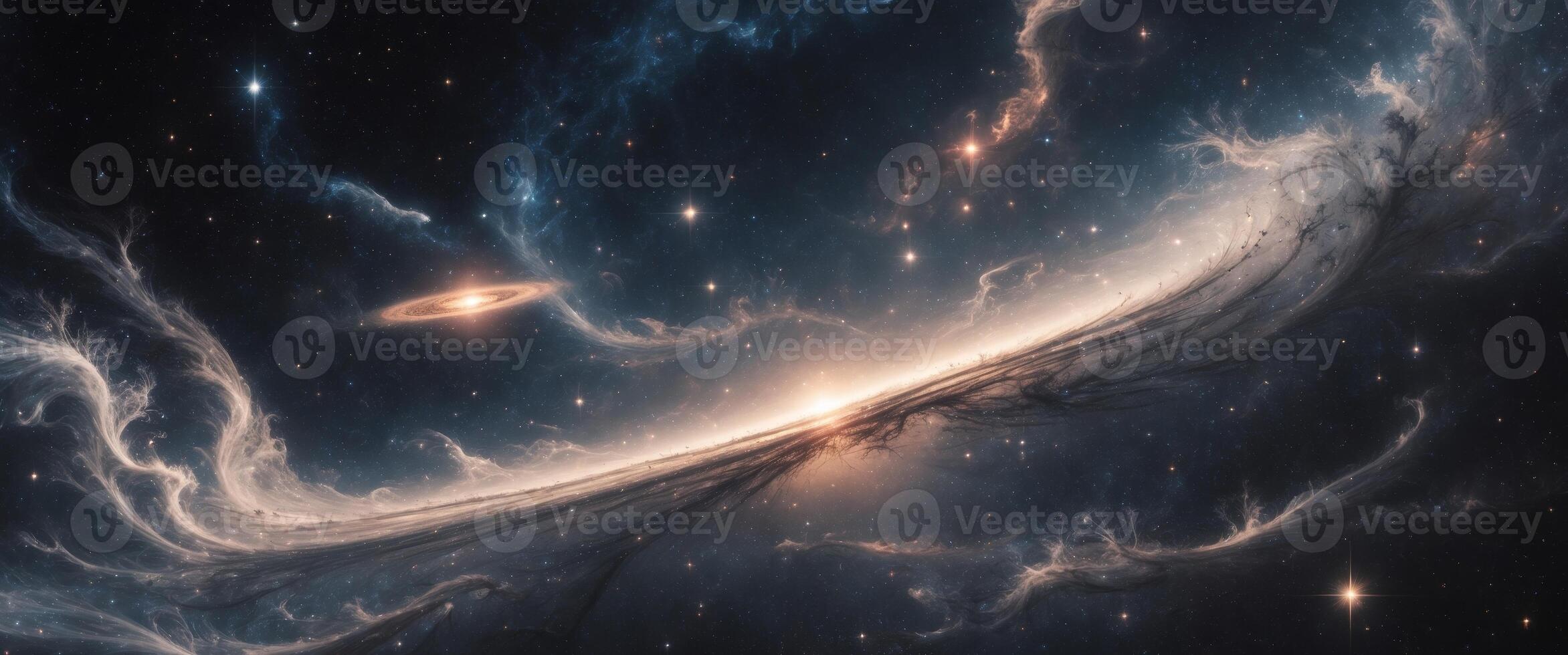Celestial wonders unfold as a distant planet shines amid the cosmic tapestry of dark space and swirling galaxies photo