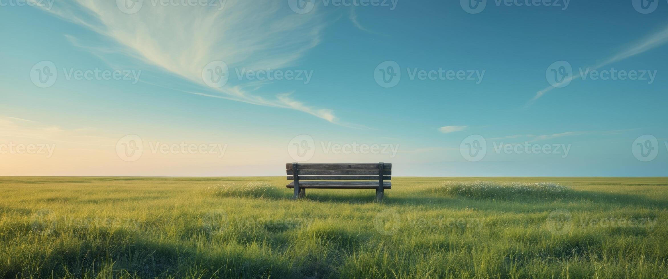 Solitary bench surrounded by grasslands scenic outdoor landscape tranquil atmosphere wide angle view. photo