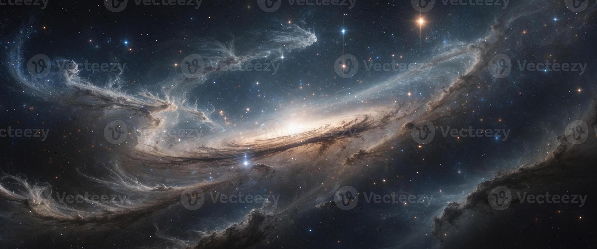 Celestial wonders unfold as a distant planet shines amid the cosmic tapestry of dark space and swirling galaxies. photo