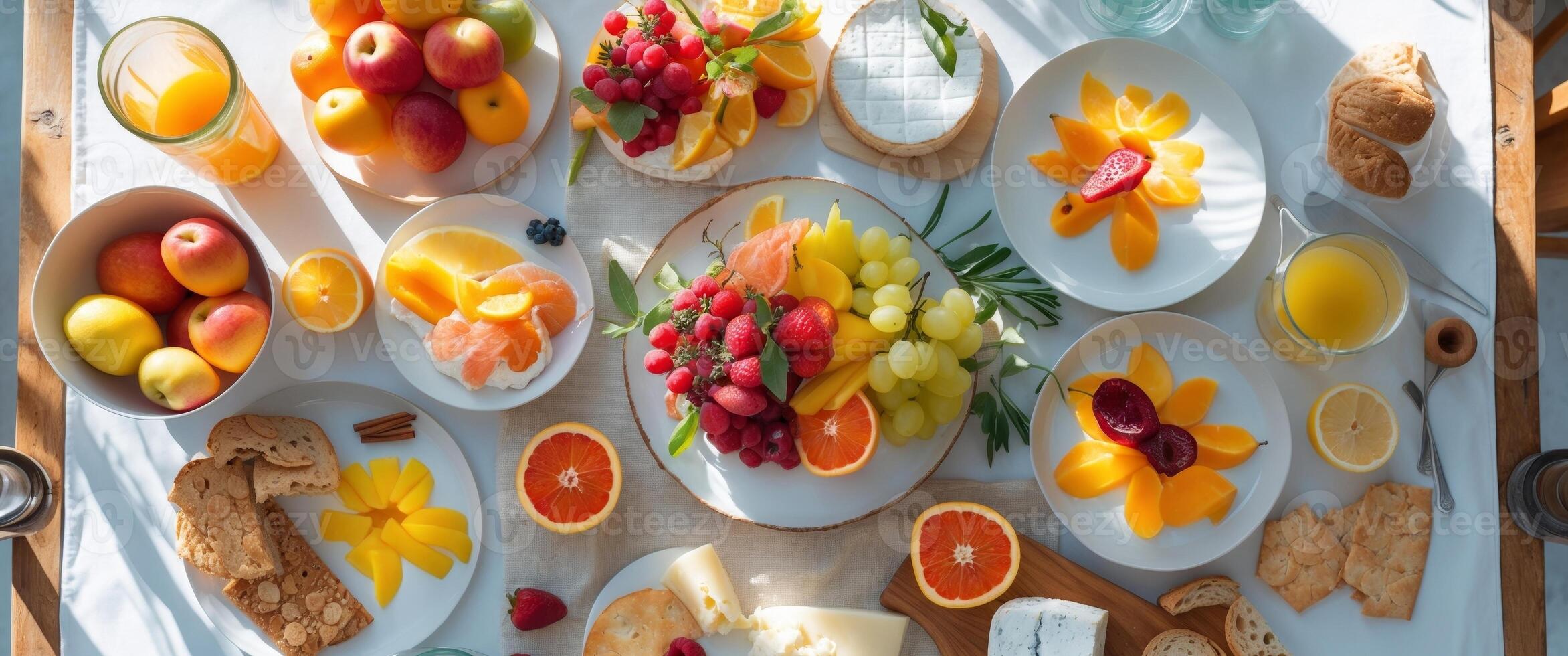 Assorted Foods Flat Lay Sunny Brunch Breakfast Table Top View. photo