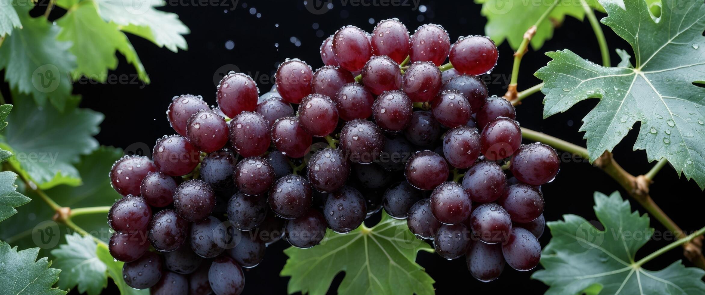 freshly harvested darkish red grapes with water droplets and green leaves illuminated in opposition to a black history photo