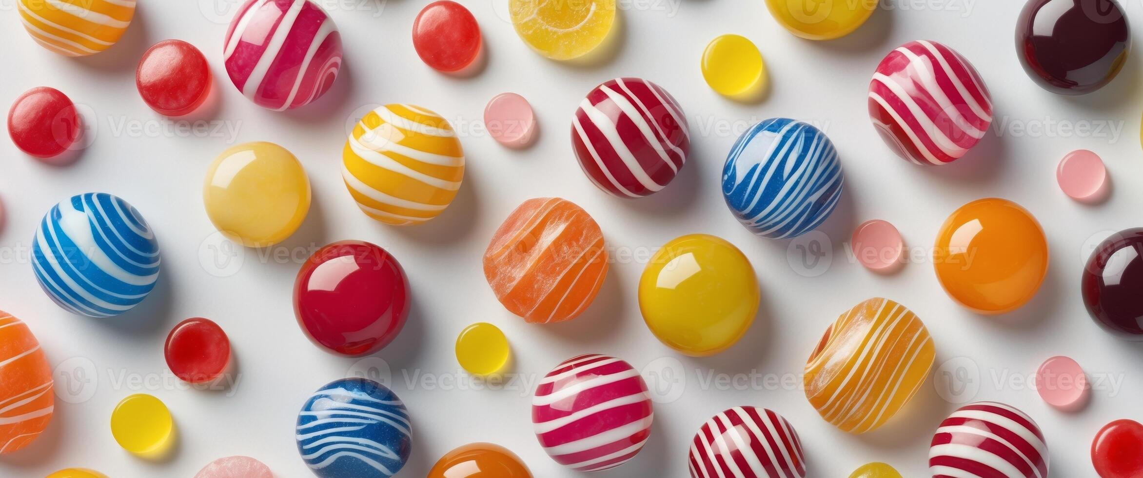 Colorful Assorted Fruit Bonbons and Candies with Stripes and Glossy Textures. photo