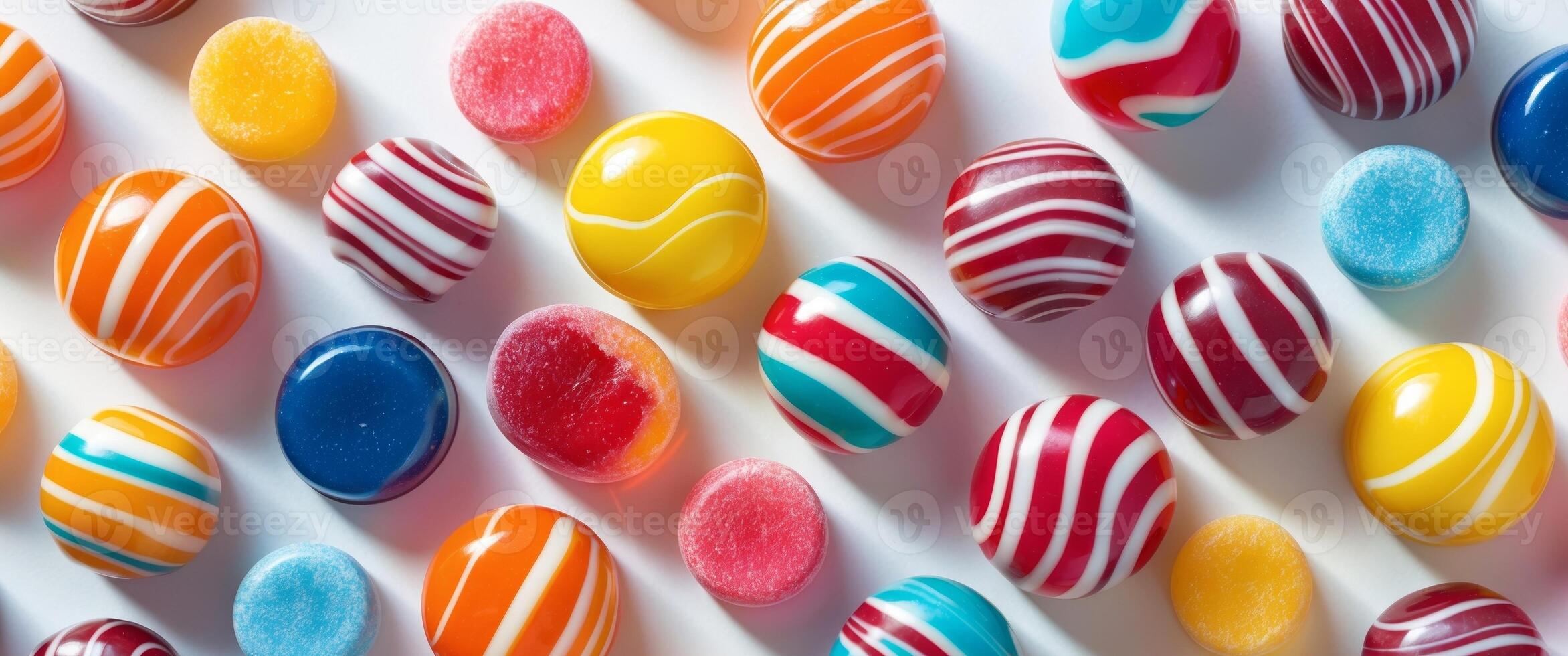 Colorful Assorted Fruit Bonbons and Candies with Stripes and Glossy Textures photo