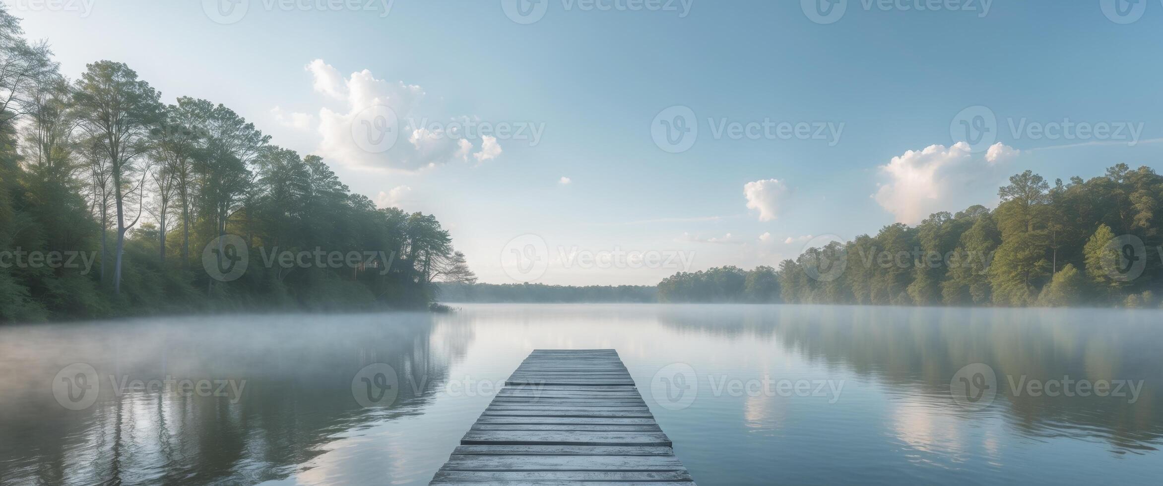 Tranquil wooden dock by a serene natural lake photo