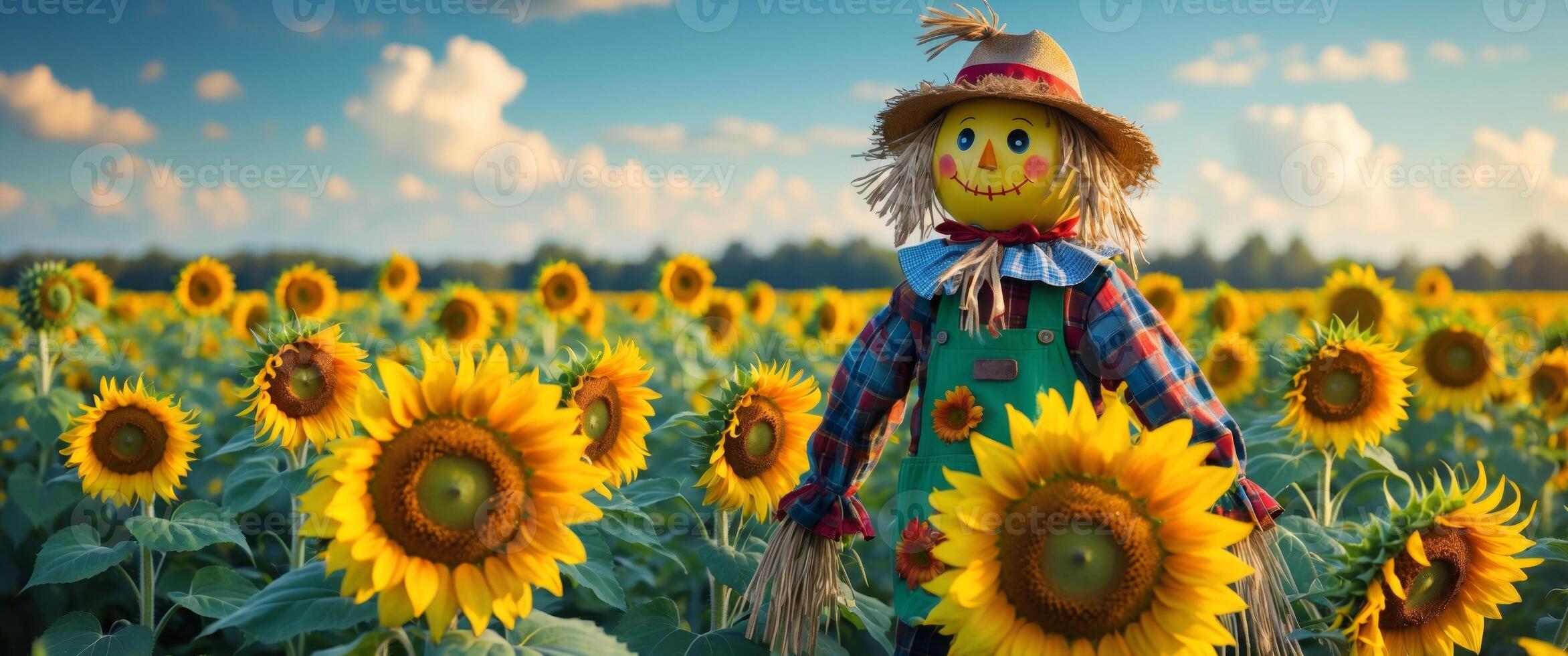 Colorful scarecrow surrounded by vibrant sunflowers in a sunny field during autumn harvest photo