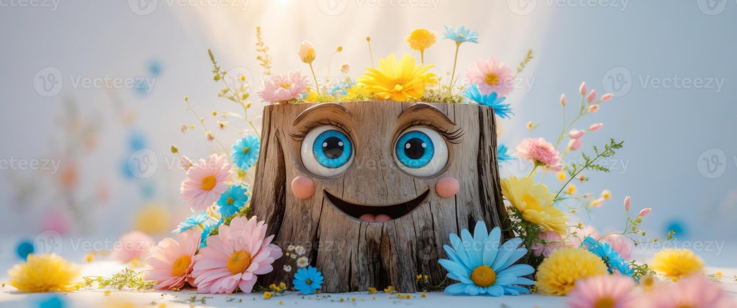 Cheerful tree stump with big blue eyes surrounded by colorful flowers. photo