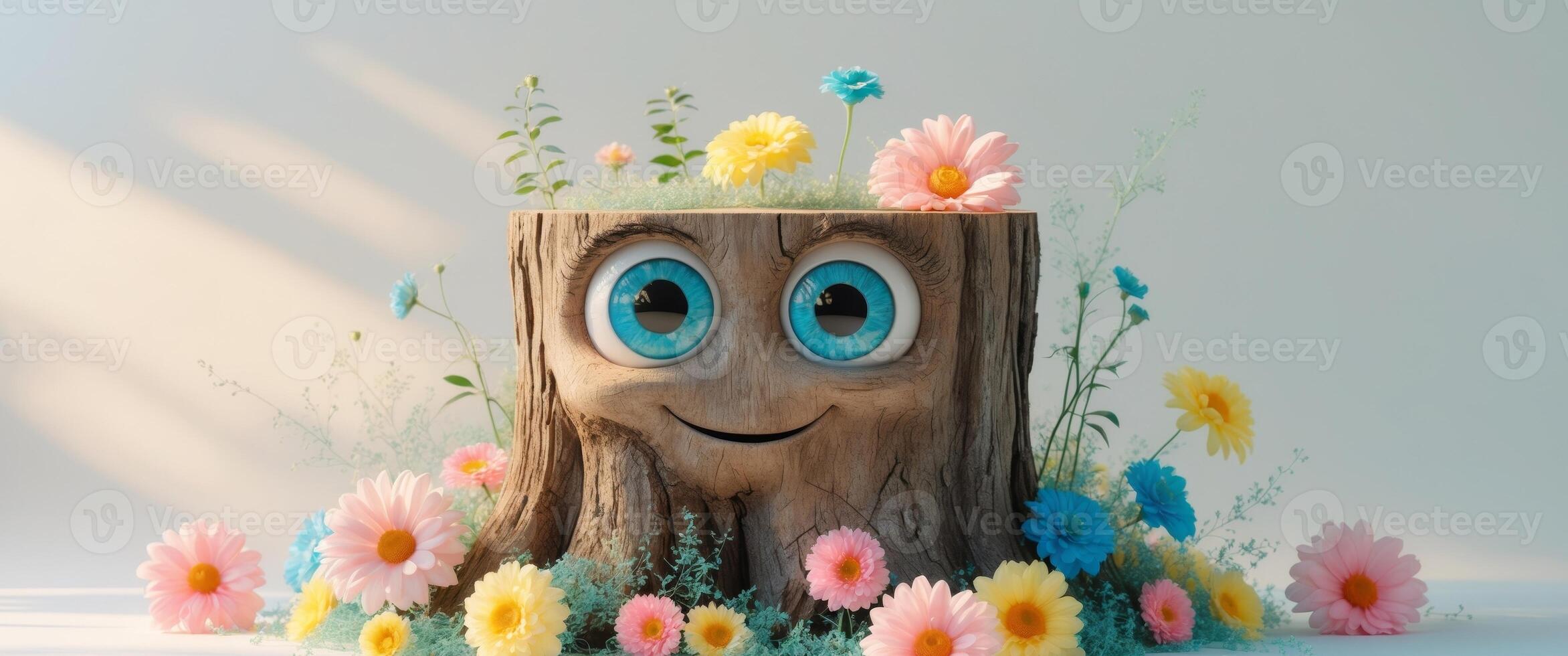 Cheerful tree stump with big blue eyes surrounded by colorful flowers photo