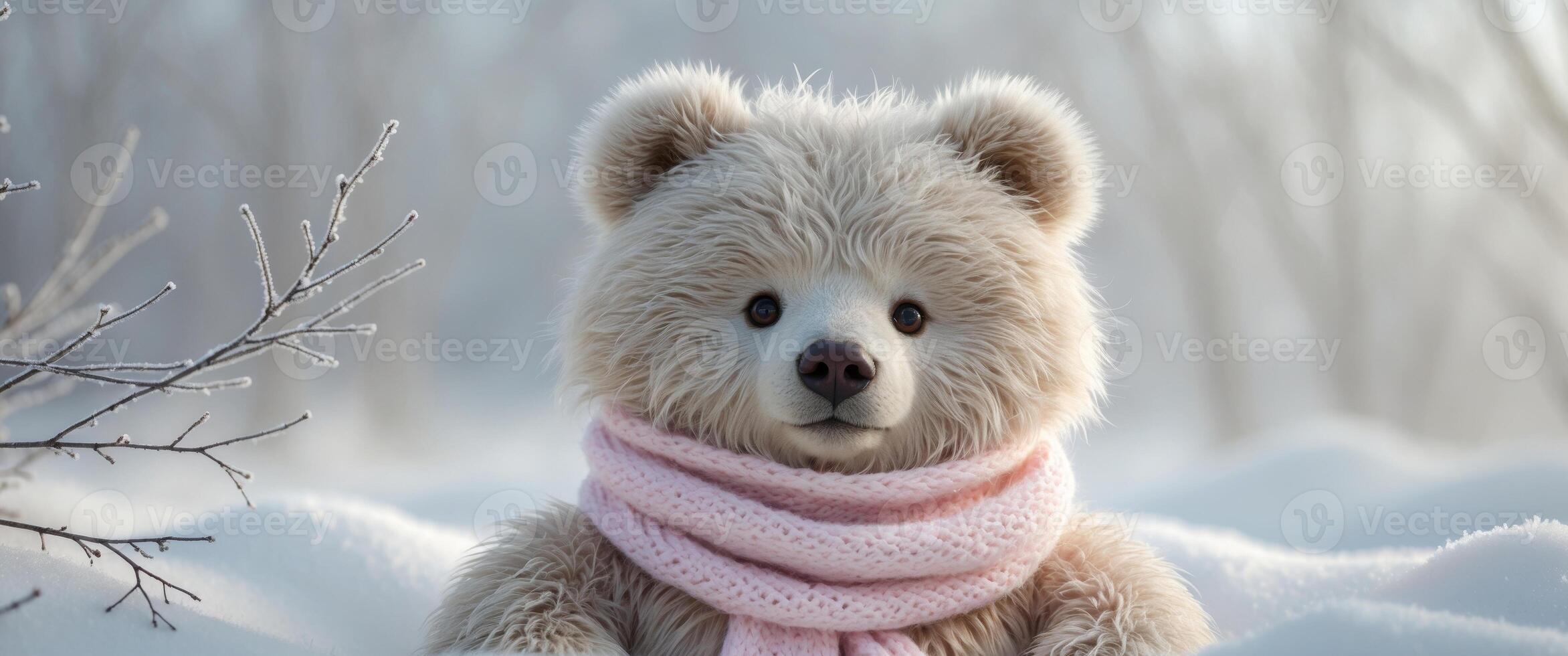 Cute fluffy bear with a knitted scarf in a winter wonderland setting photo