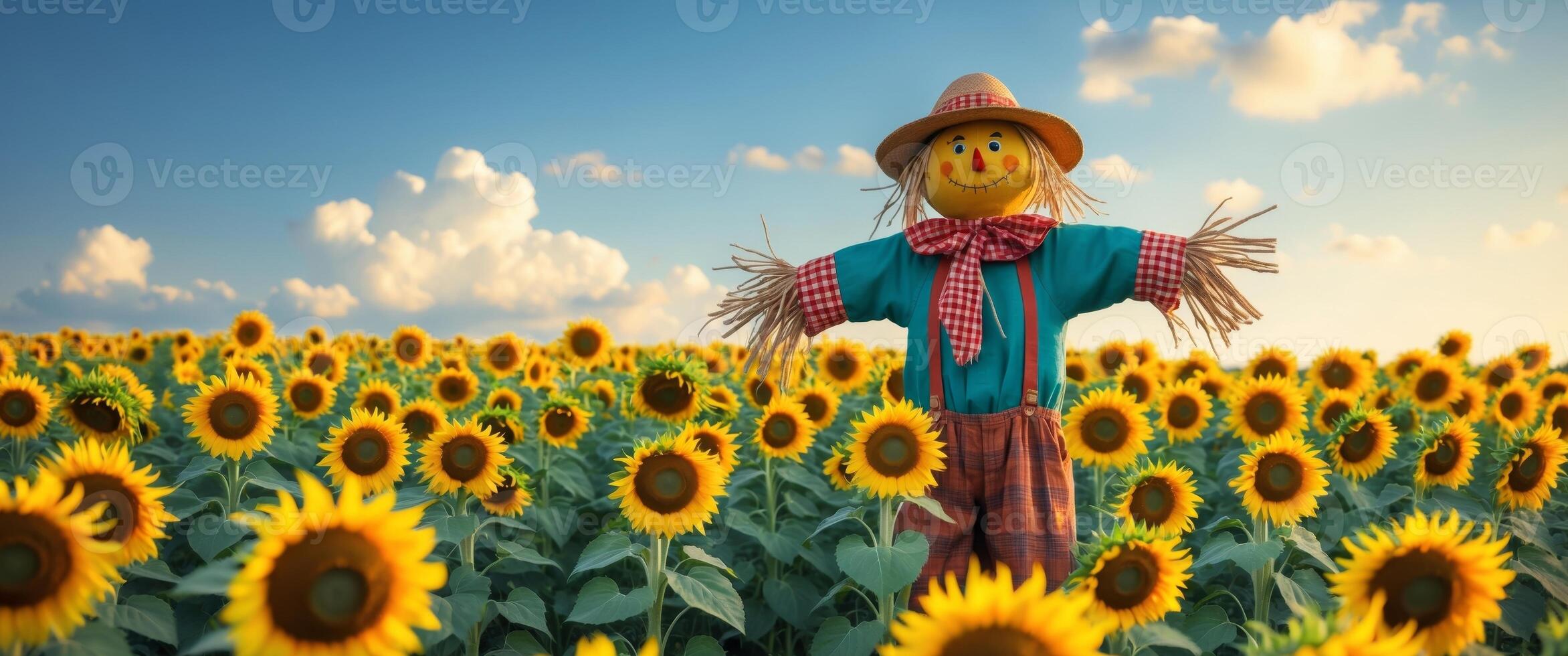 Colorful scarecrow surrounded by vibrant sunflowers in a sunny field during autumn harvest. photo