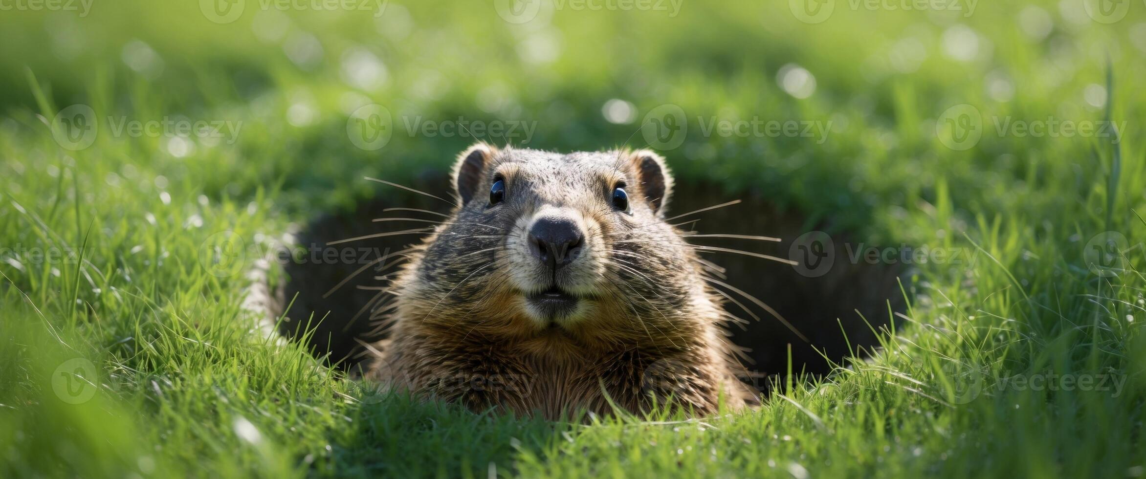 a groundhog is looking out of a hole in the grass photo