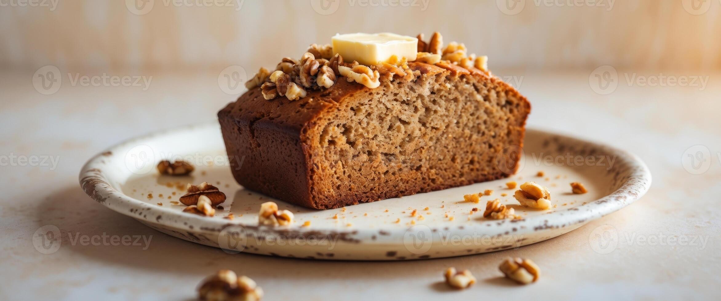 Delectable Banana Bread Slice with Melting Butter and Walnuts on Vintage Platter. photo