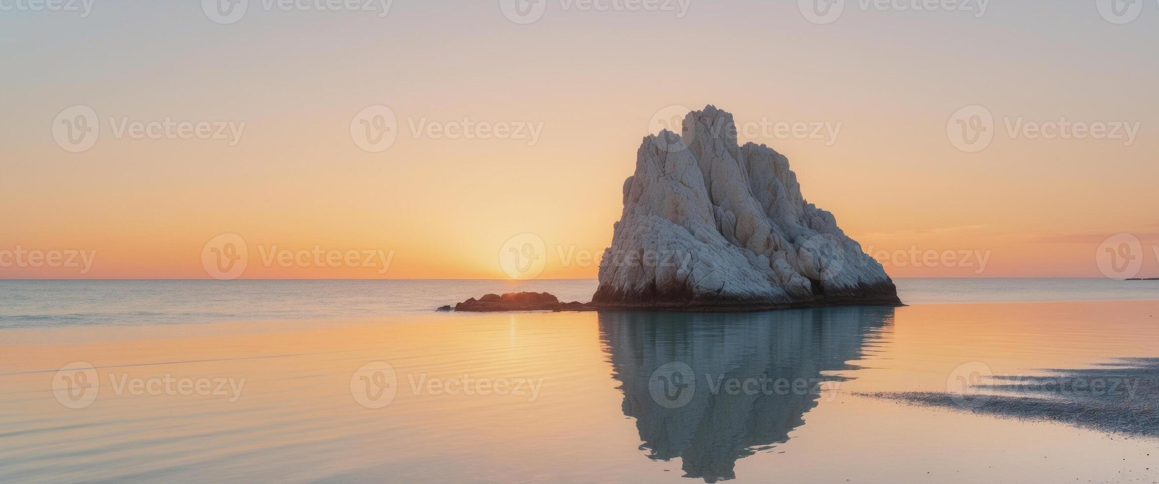 Beautiful Sea View with a Rock with background sun set view reflection on sea beach. photo