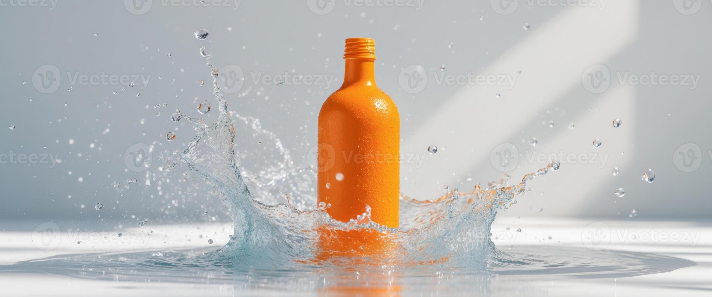Vibrant Orange Bottle Surrounded by Water Splash. photo