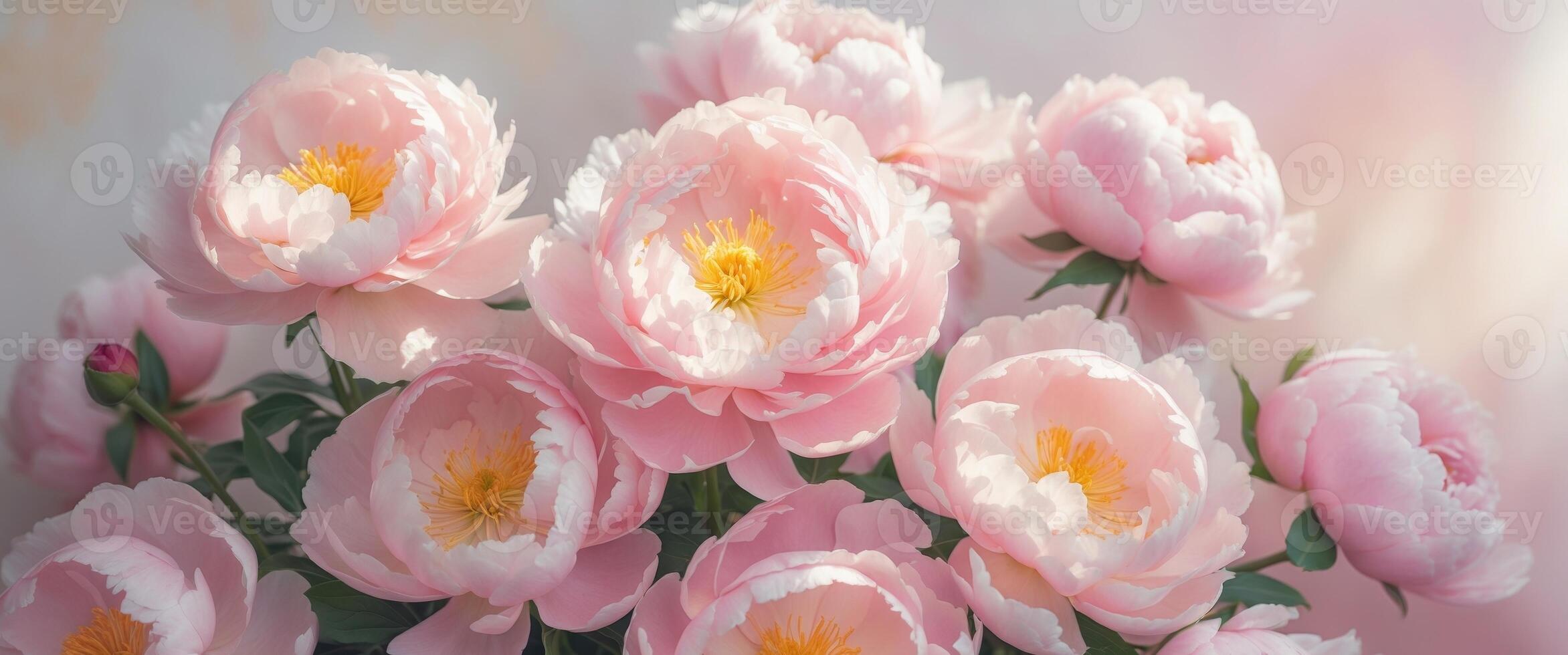 Lush pink peony flowers with delicate petals and bright yellow centers arranged beautifully on a pastel background. photo