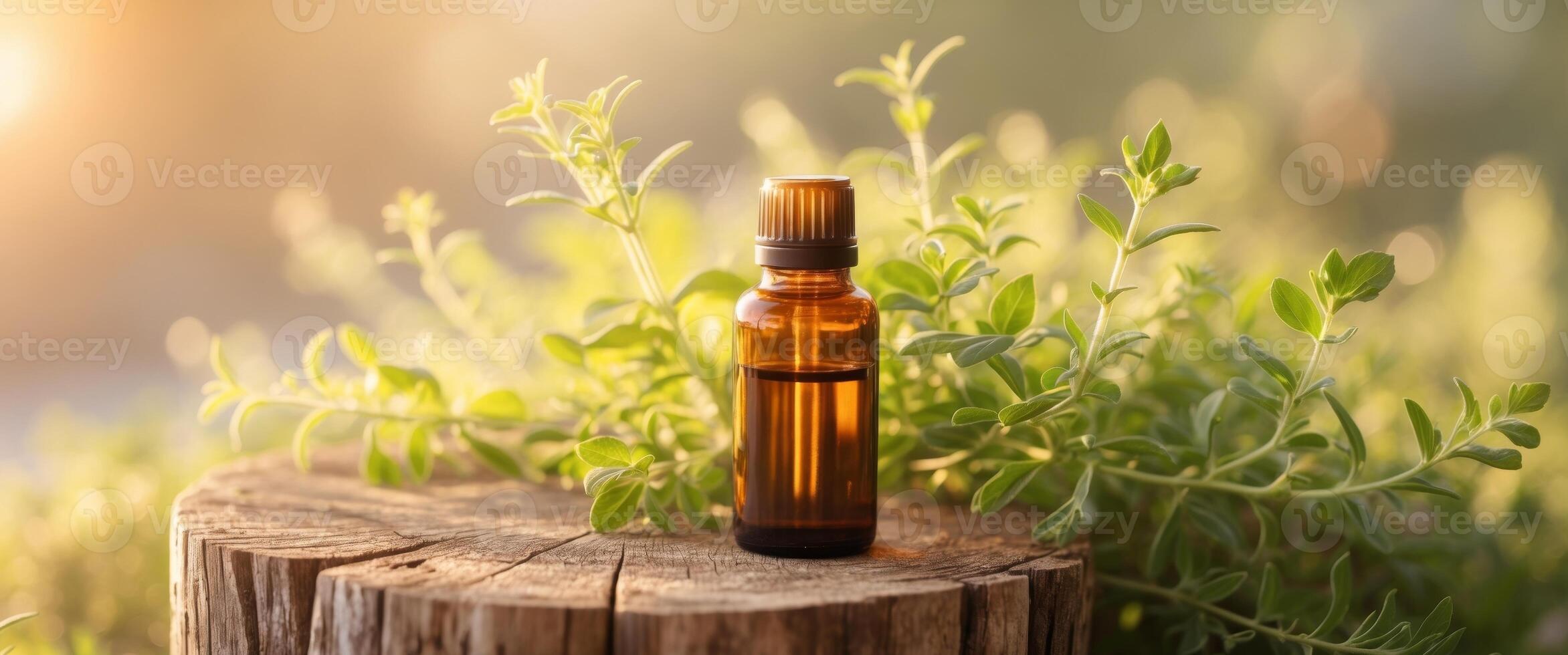 Warm amber bottle of essential oil on wooden stump with green herb nearby in cozy rustic setting photo