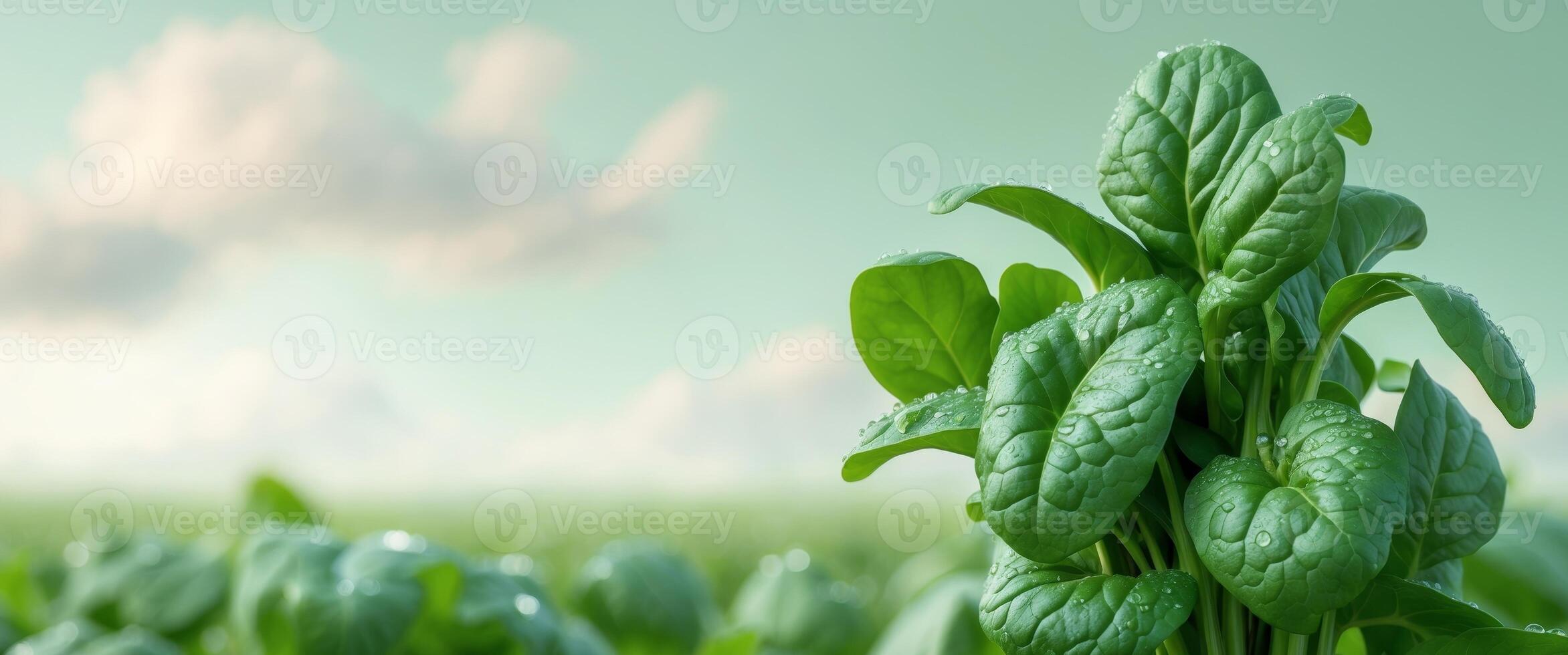 Fresh spinach leaves in a dewy morning field. photo