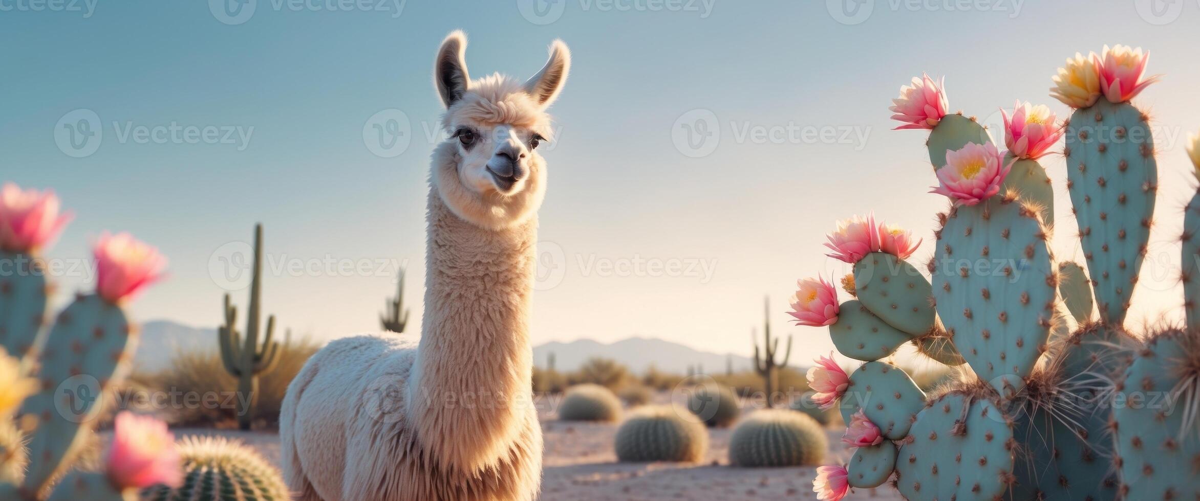 Llama standing among flowering cacti in the desert at golden hour. photo