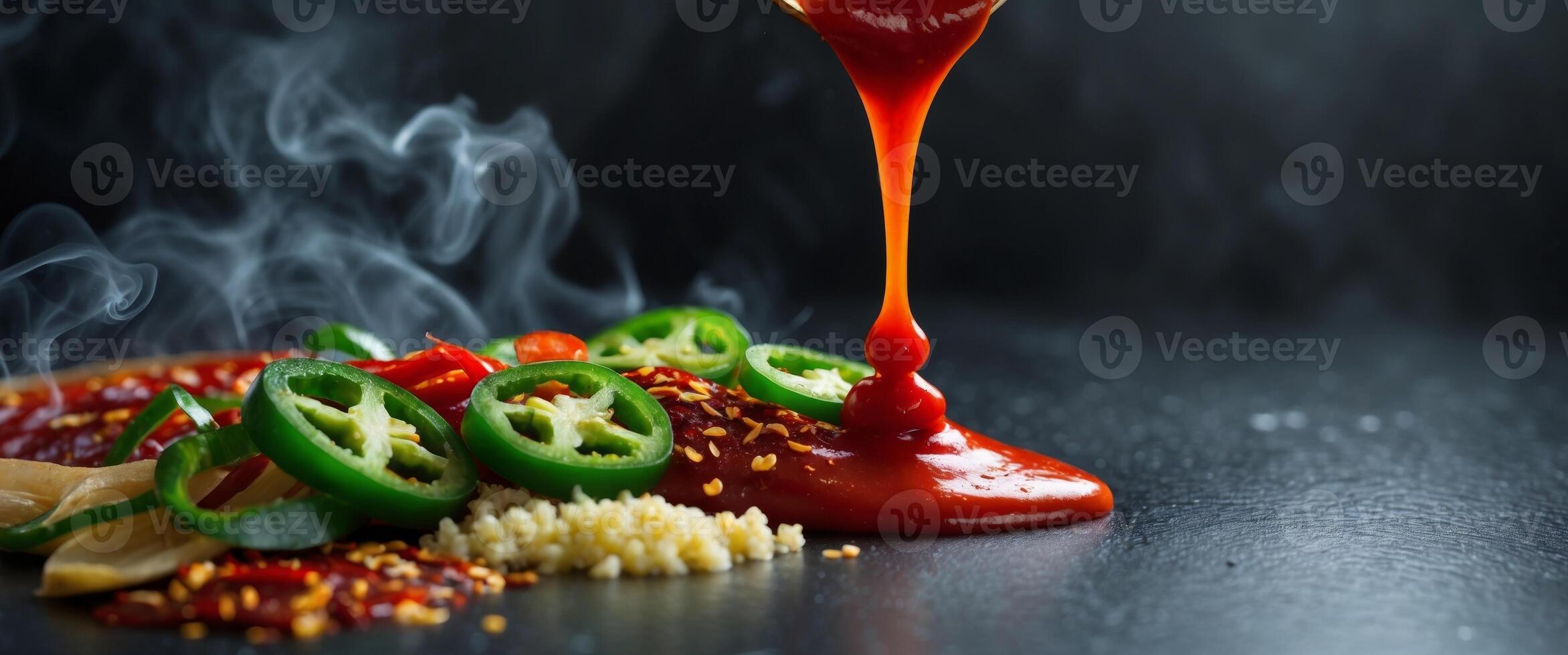 Rich Red Sauce Drizzling Over Spicy Ingredients on Black Stone Surface with Smoke and Texture photo