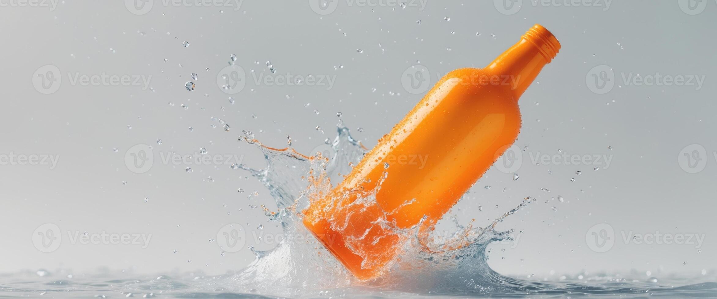 Vibrant Orange Bottle Surrounded by Water Splash photo