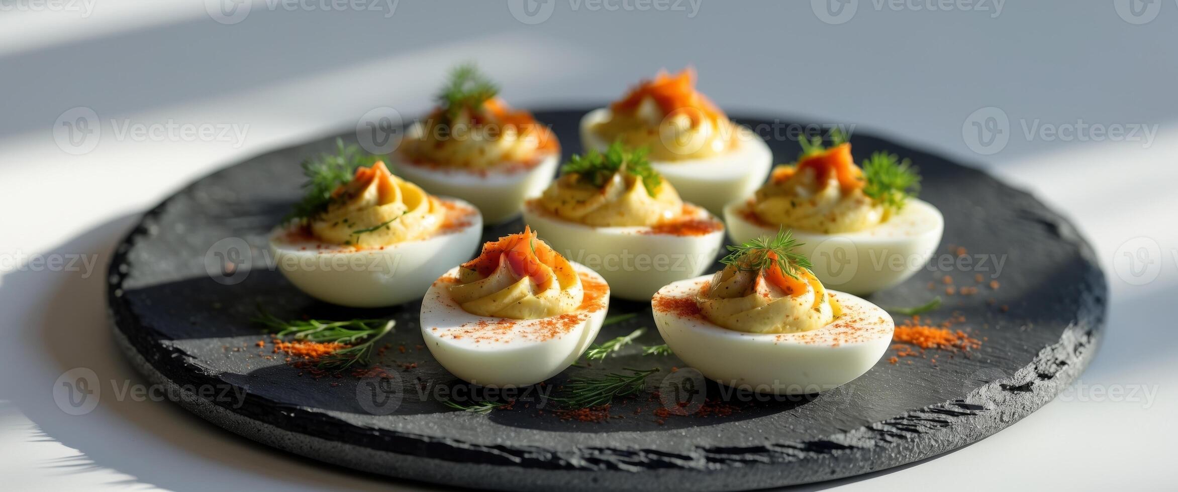 Delicious smoked salmon and herb deviled eggs on a rustic black slate plate. photo