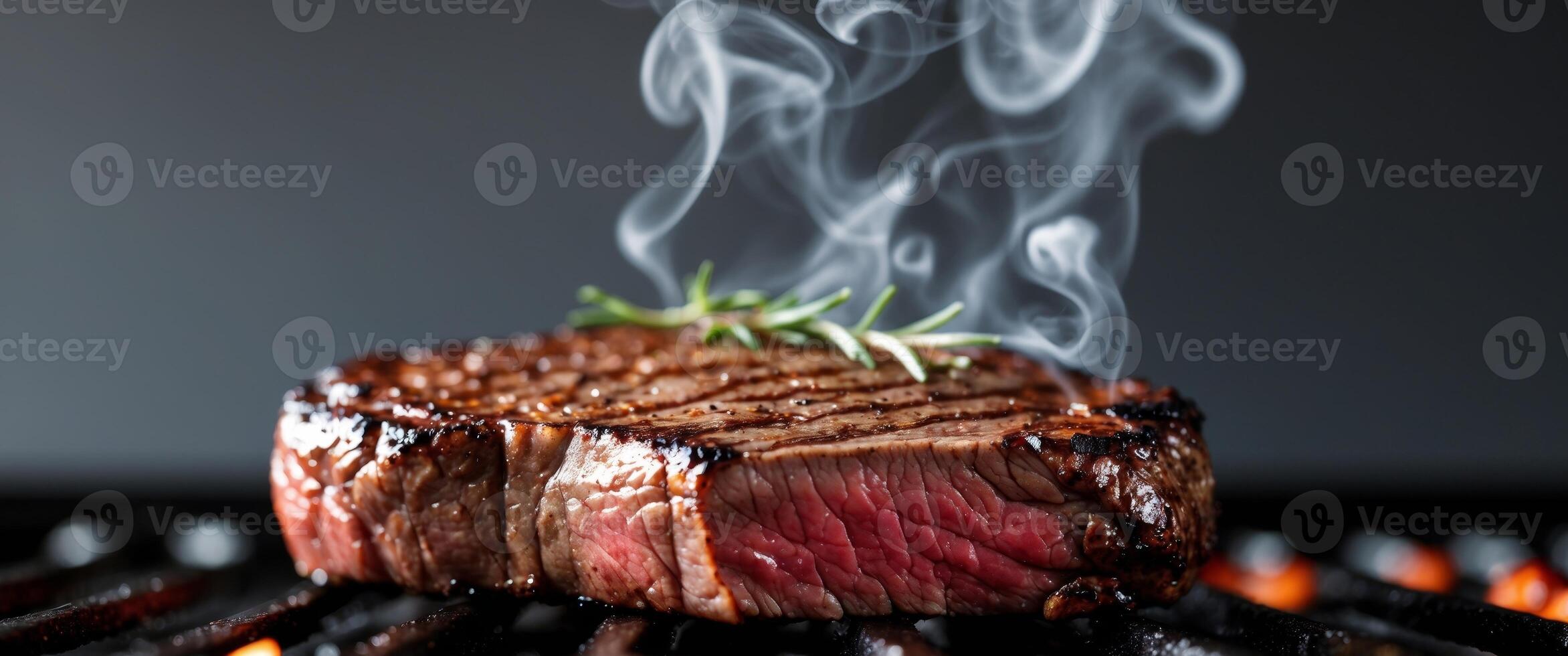 Juicy Grilled Steak with Smoky Charred Texture Surrounded by Wisps of Flavorful Smoke Rising Above a Hot Grill Surface photo