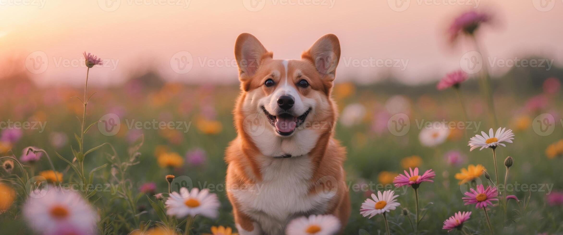 Happy Corgi in a Flower Field During Sunset photo