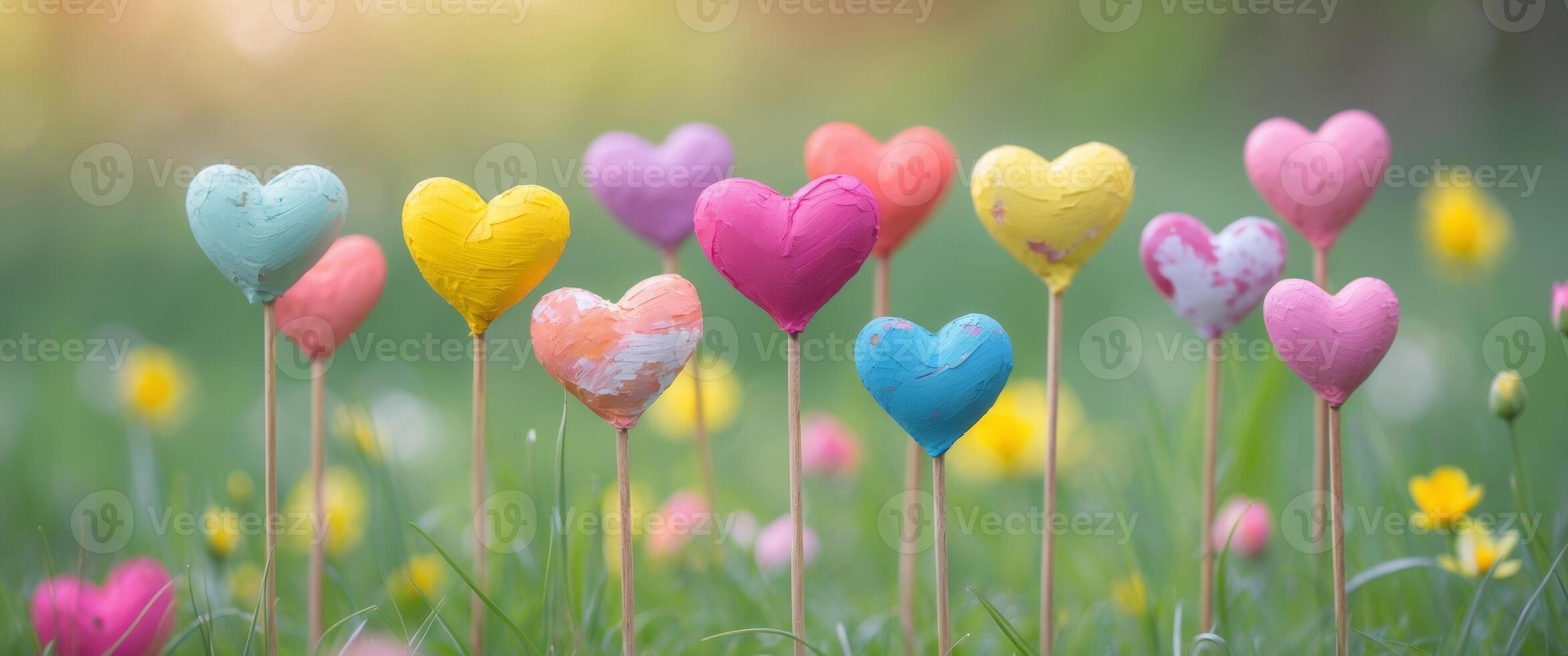 Colorful hearts on sticks symbolize love and affection in vibrant springtime setting. photo