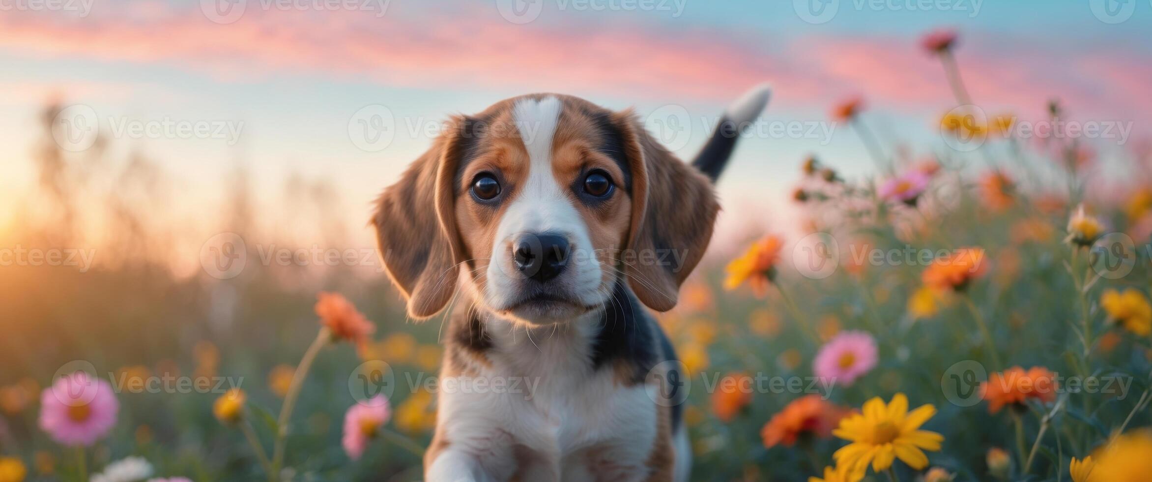Cute Beagle Puppy in a Flower Field at Sunset. photo