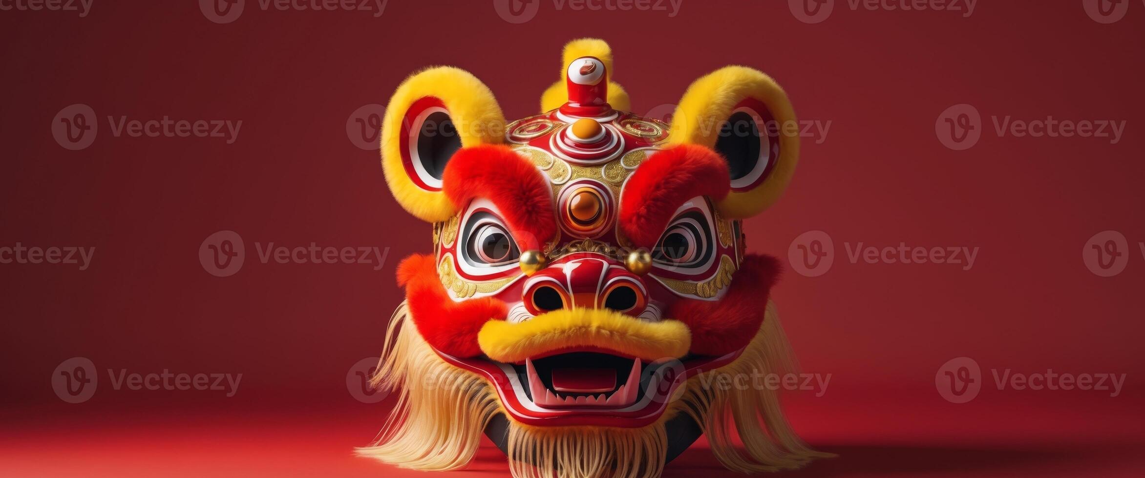 Traditional Lion Dance Mask on Vibrant Red Background for Festivals. photo