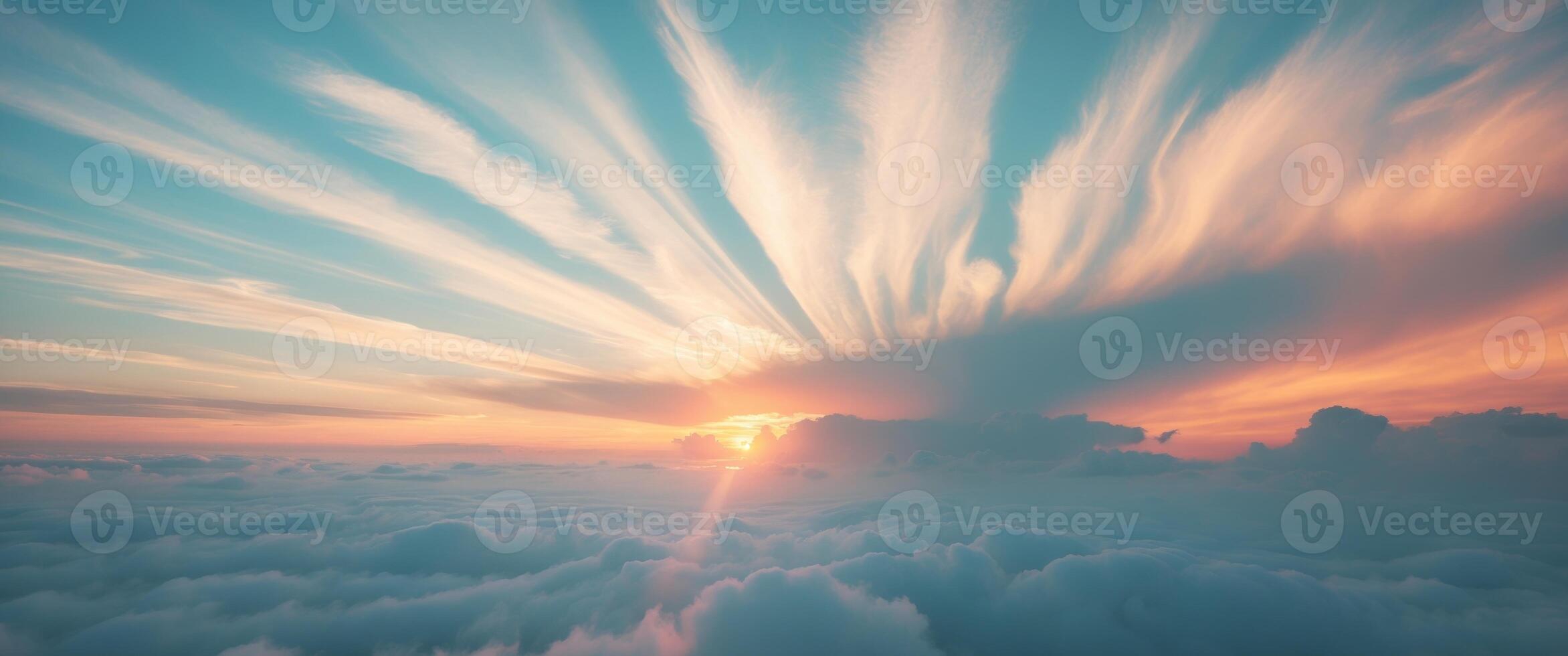 Majestic Sunset Over Clouds with Rays of Light Piercing Through the Atmospheric Drama of Evening Dusk in a Tranquil Sky. photo