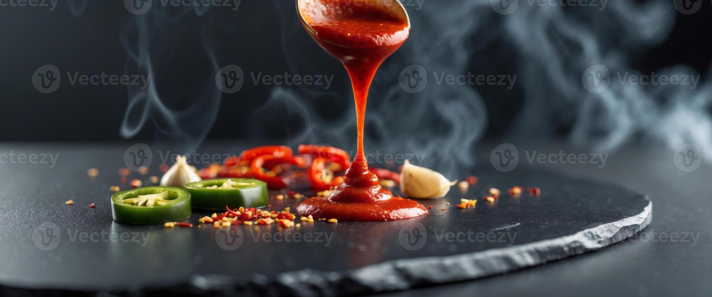 Rich Red Sauce Drizzling Over Spicy Ingredients on Black Stone Surface with Smoke and Texture. photo