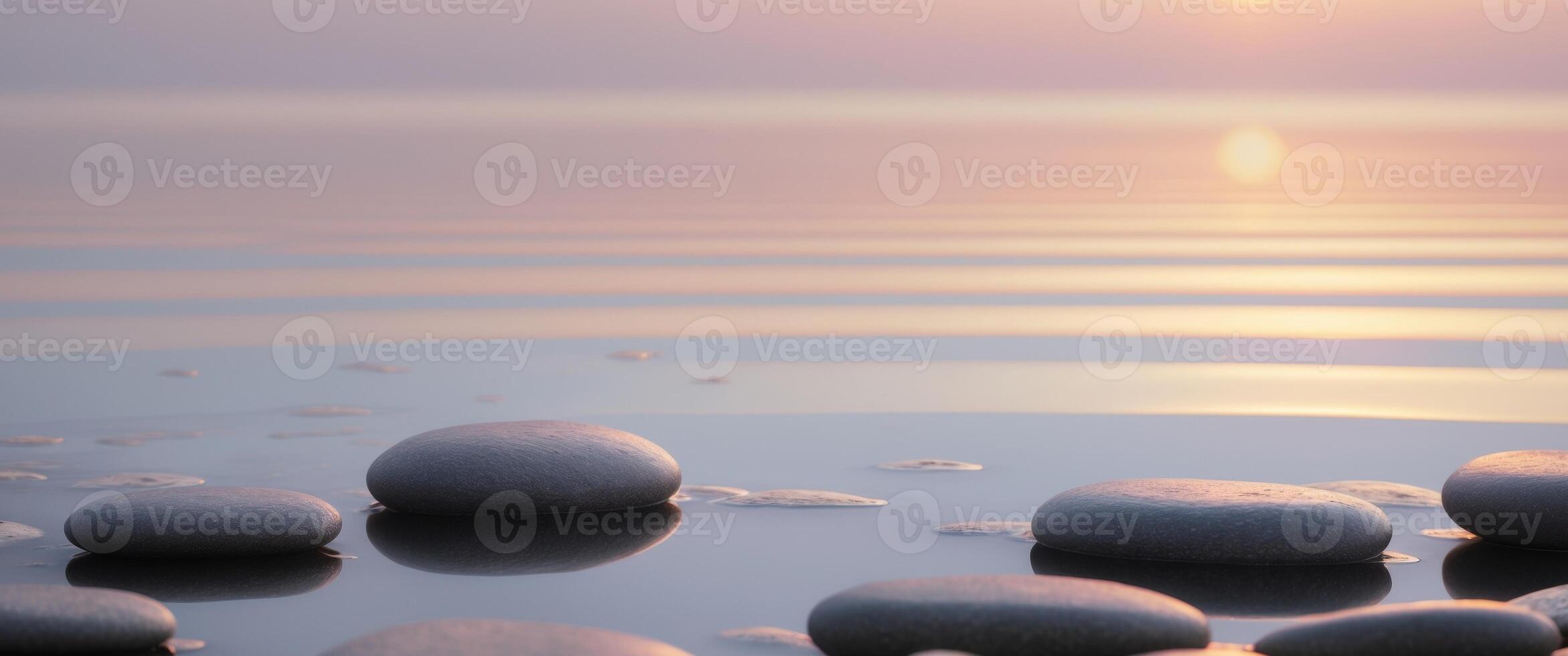 Tranquil sunset reflection on smooth pebbles by the lake. photo
