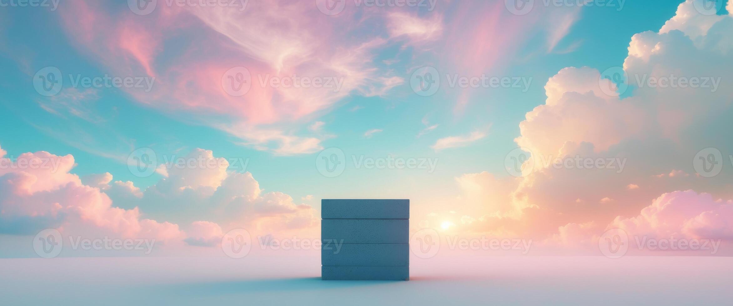 Stone podium surrounded by colorful clouds in a celestial sky. photo