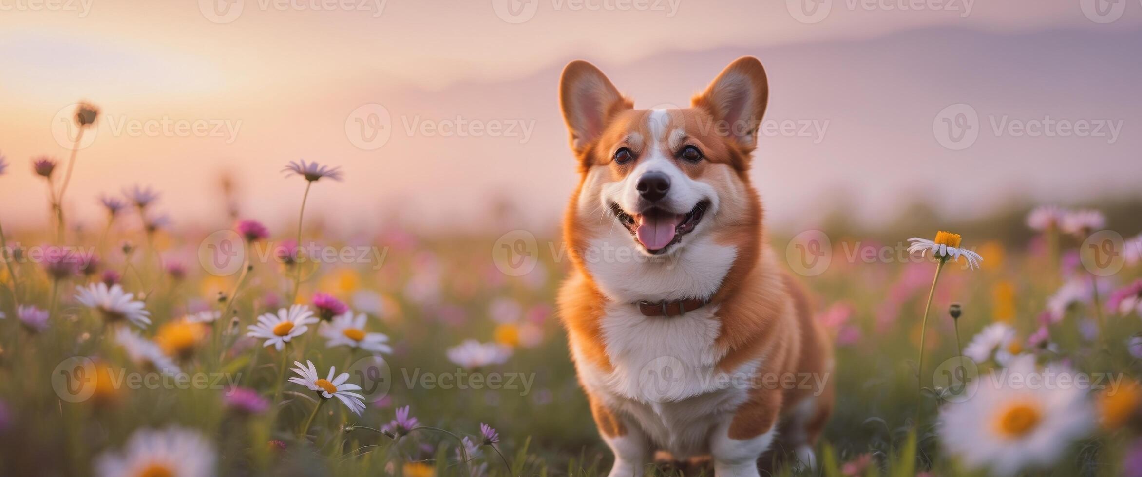 Happy Corgi in a Flower Field During Sunset. photo
