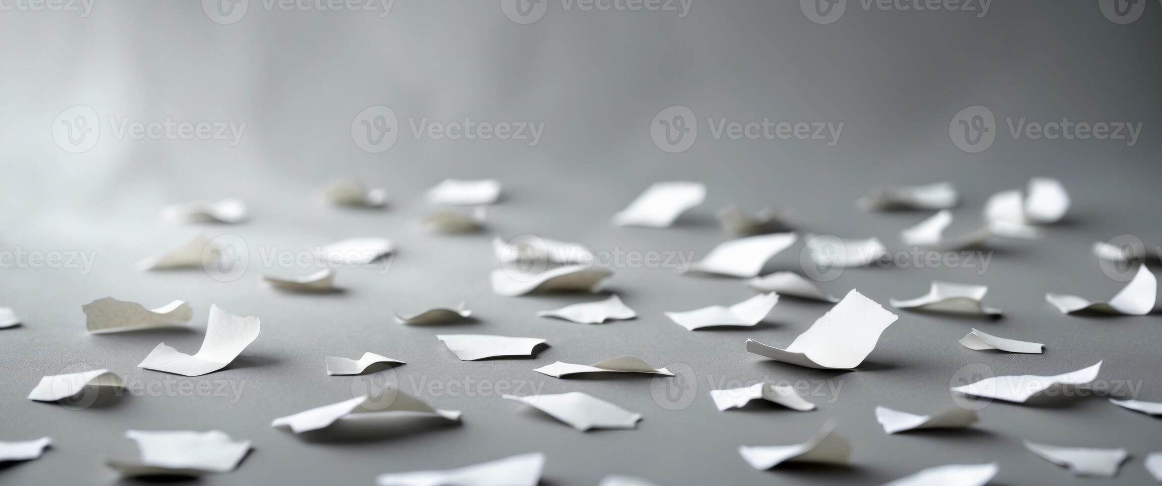 Pieces of white torn paper on a gray background photo
