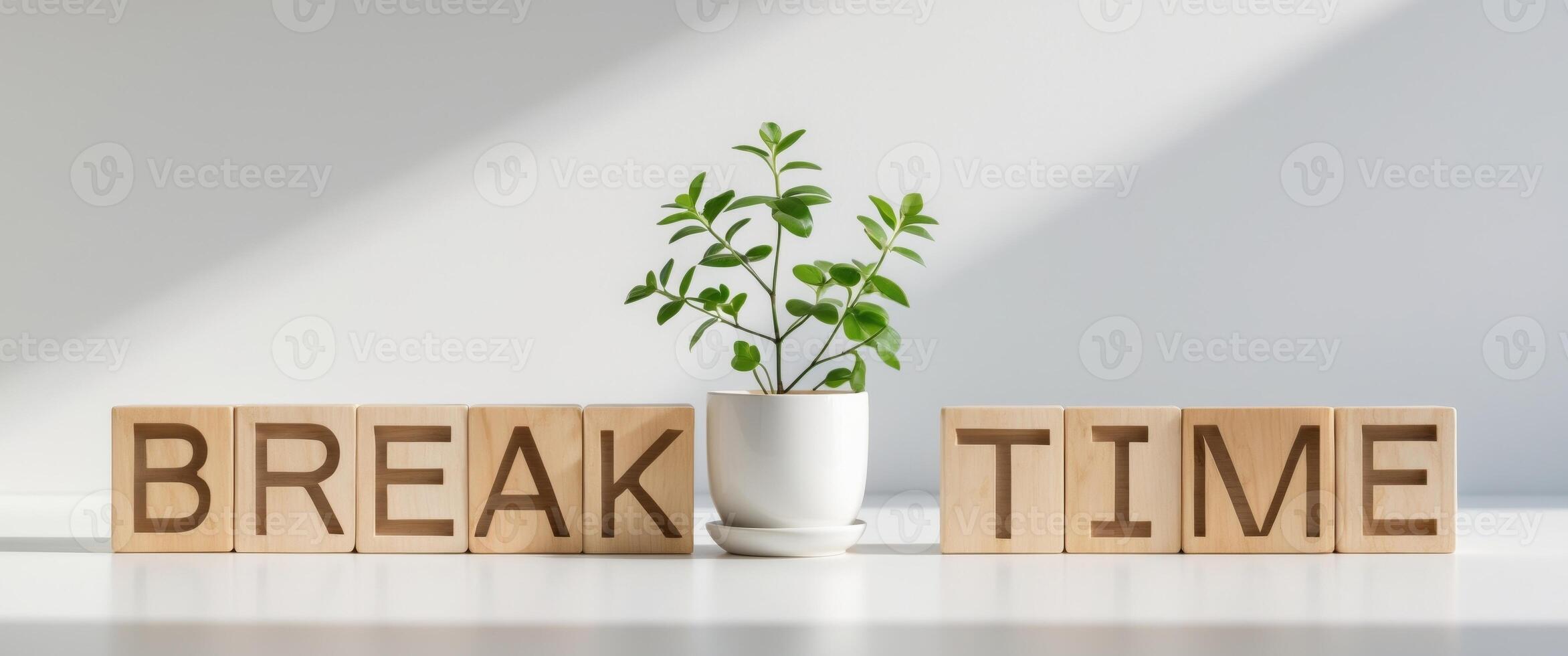 wooden blocks spelling break time with a small plant growing from the pot. photo