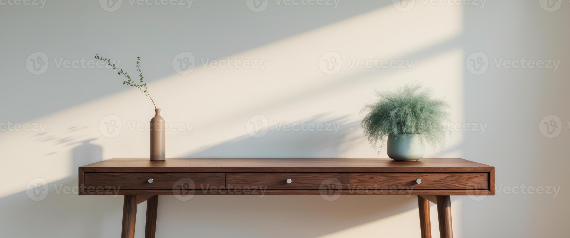 Elegant wooden desk with minimal accessories like drawers plant and vase providing a clean and cozy workspace for modern home office or study room photo