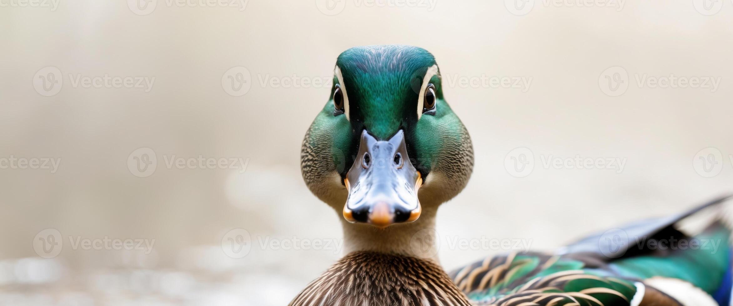 A clear shot of a duck's face with a blurred background photo