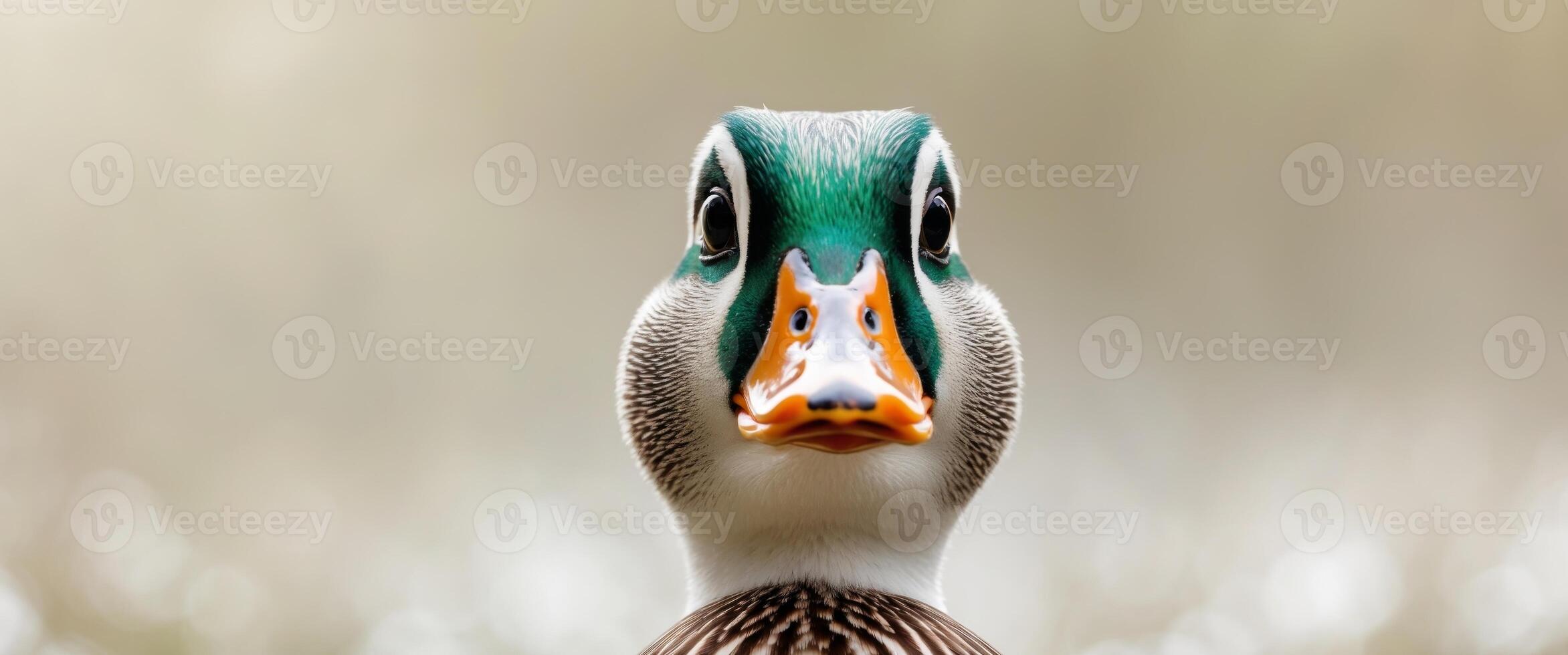 A clear shot of a duck's face with a blurred background. photo