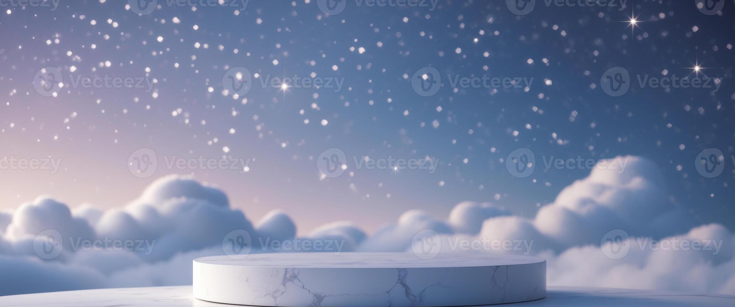 Marble podium with clouds and sparkling stars in a cosmic setting photo