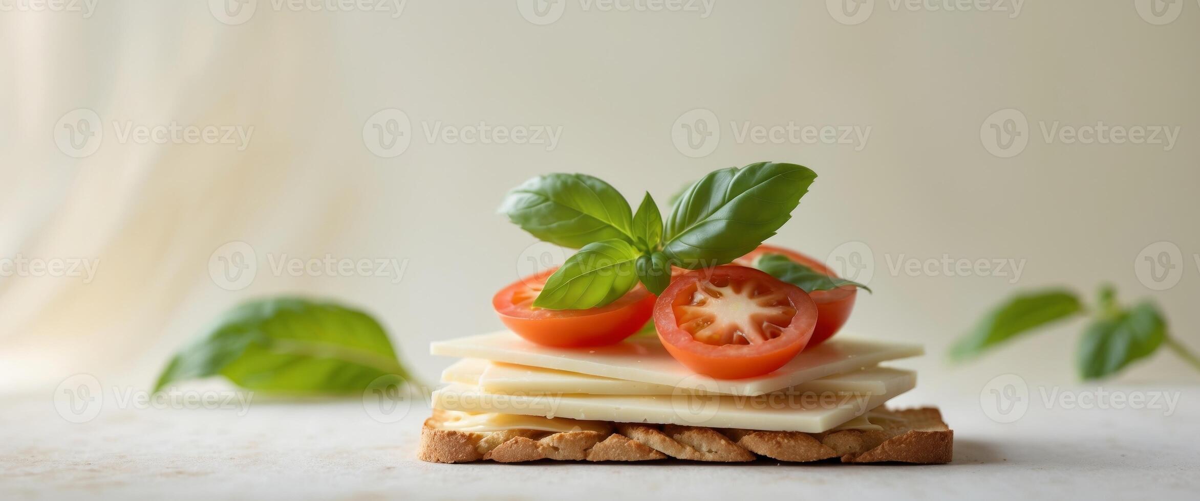 Crispbread topped with cheese slices fresh tomato and basil leaves on a light background Healthy vegetarian snack or breakfast idea. photo