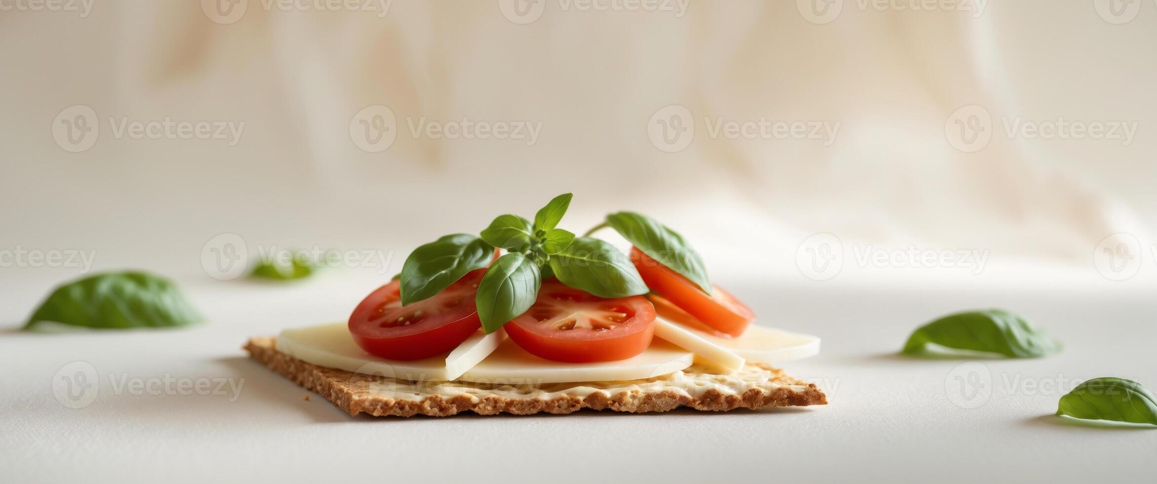 Crispbread topped with cheese slices fresh tomato and basil leaves on a light background Healthy vegetarian snack or breakfast idea photo