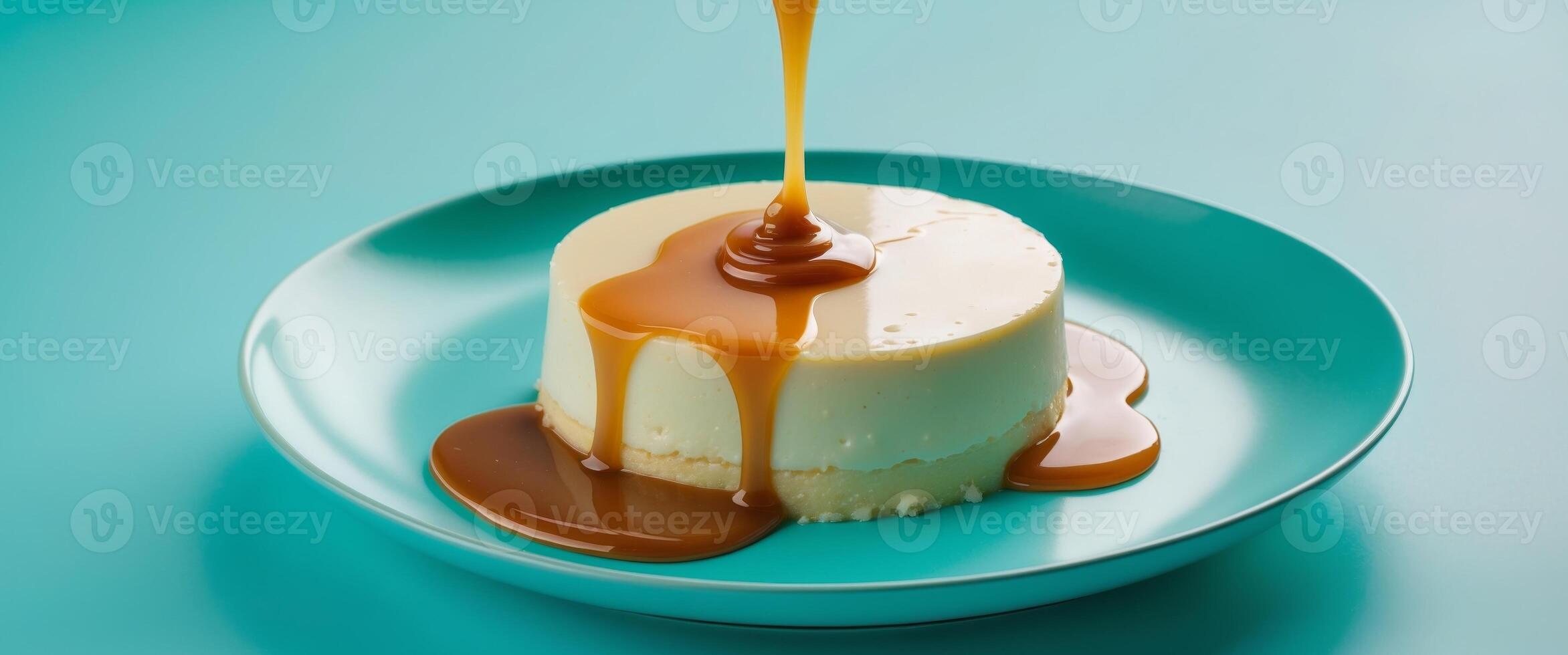 Creamy Flan Dessert with Glossy Caramel Sauce on Vibrant Turquoise Background. photo