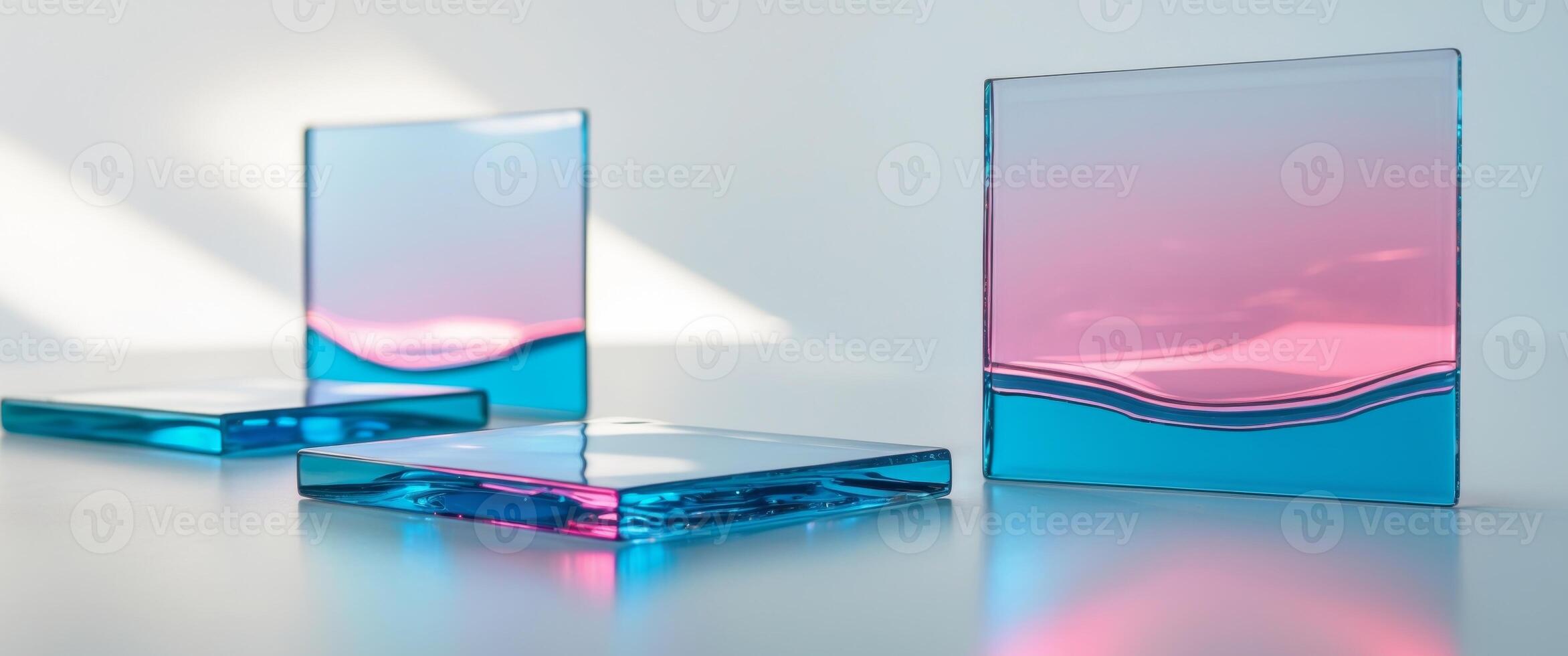 Abstract glass tiles with vibrant pink and blue gradient reflections. photo